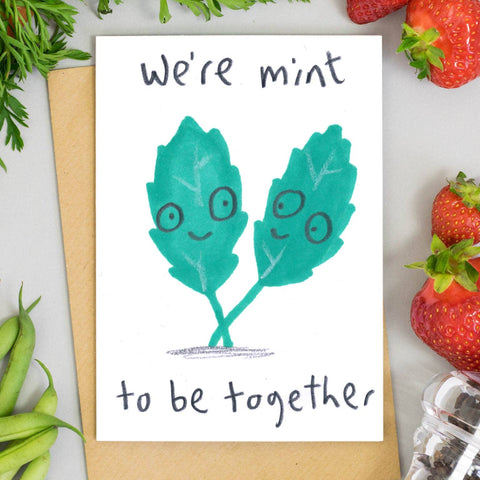 We're Mint To Be Together Card – two smiling mint leaves holding hands