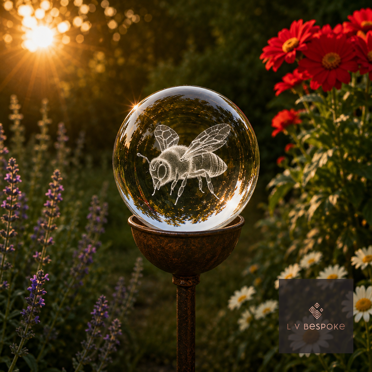 3D orb with an etched bee, in a flower border at sunset