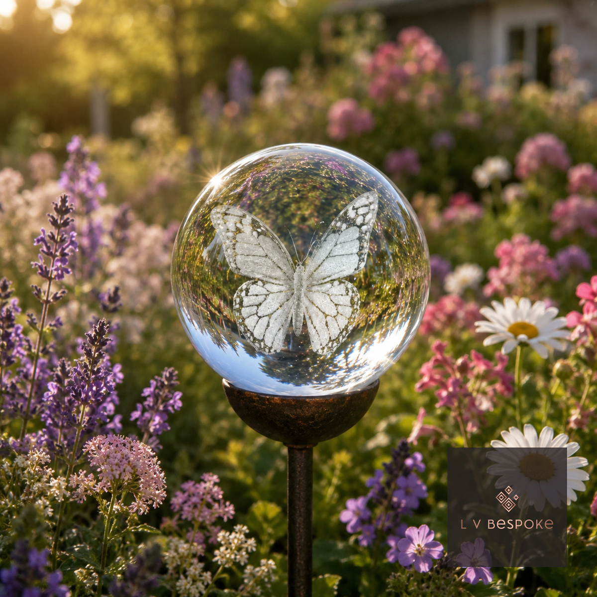 3D orb with a large etched butterfly in a cottage garden border