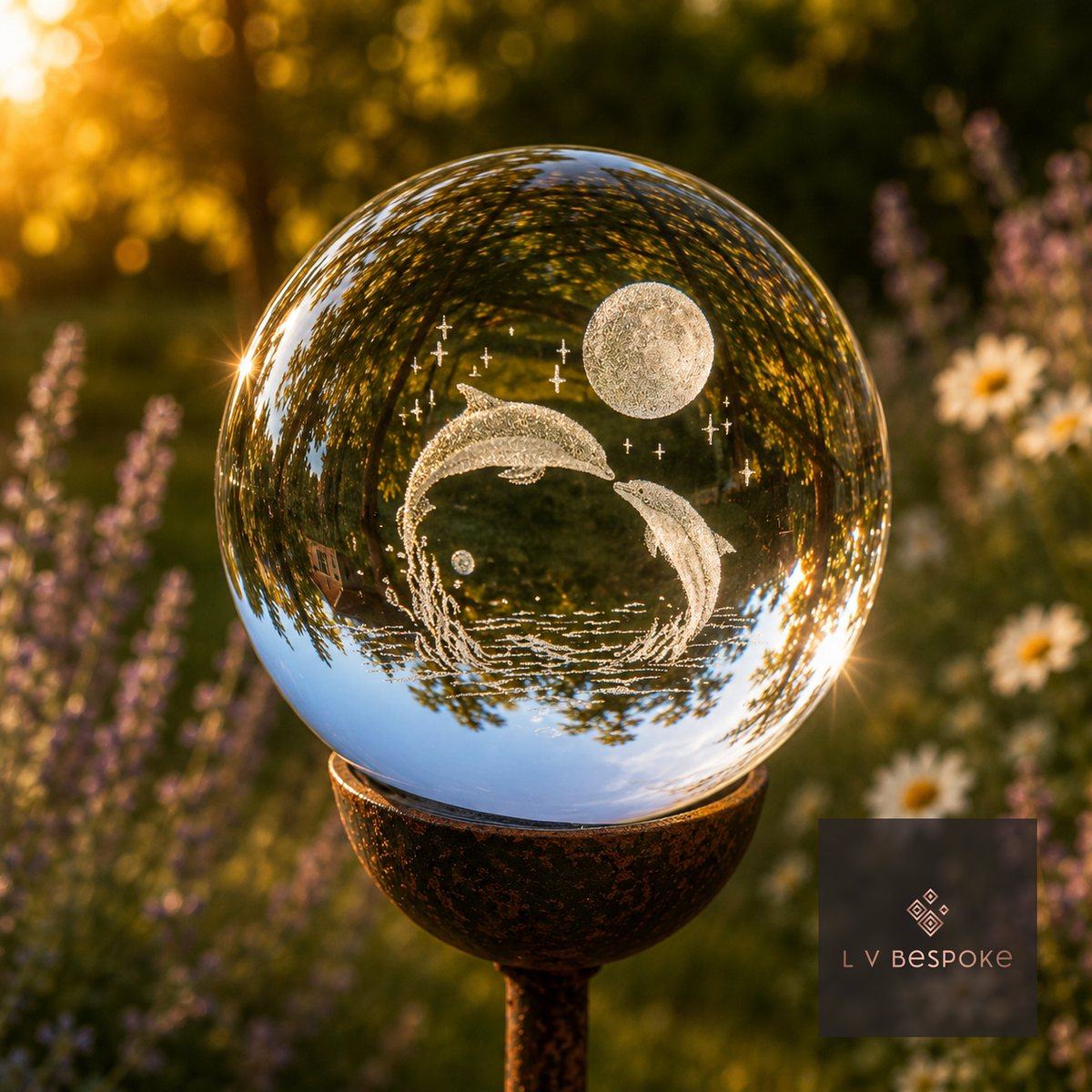 3D orb with etched leaping dolphins and a full moon