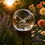 3D orb with an etched dragonfly over ripples, dahlias behind