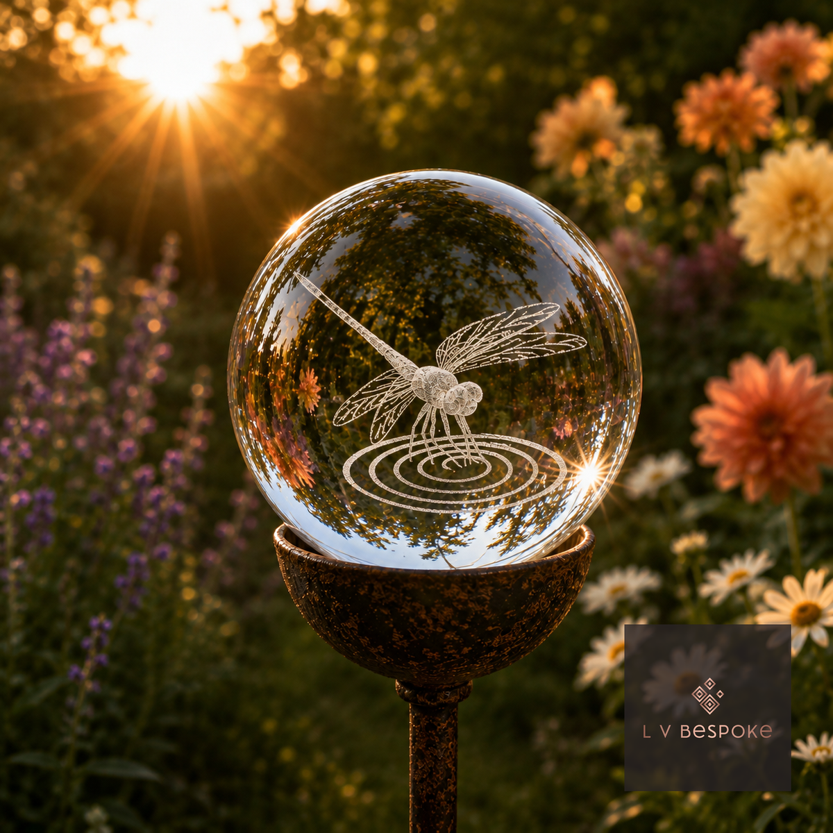 3D orb with an etched dragonfly over ripples, dahlias behind