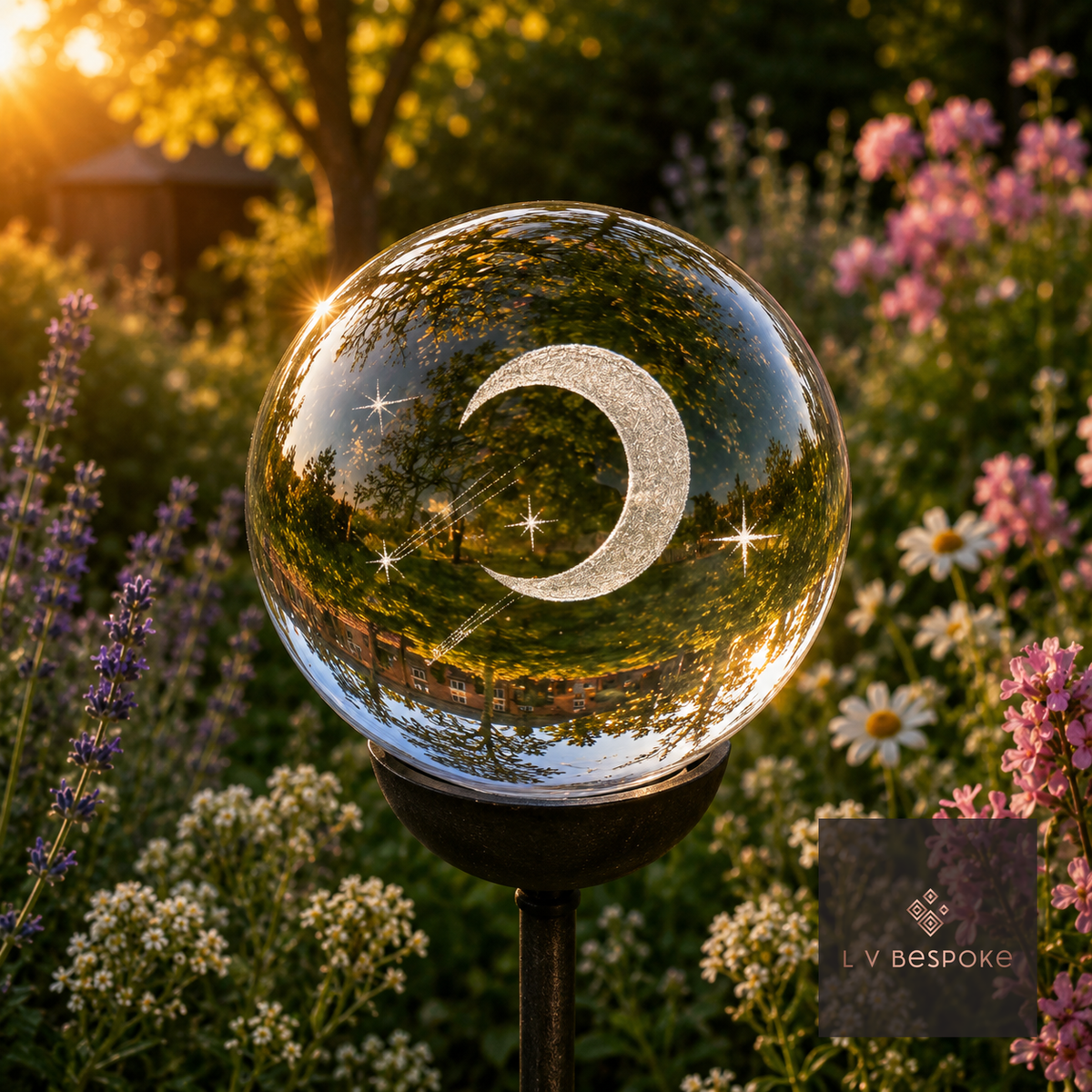 3D orb with an etched crescent moon among garden flowers