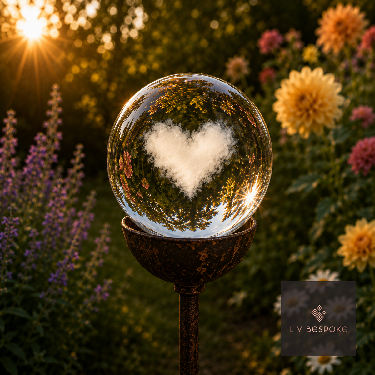 3D orb with an etched heart in a sunlit flower border