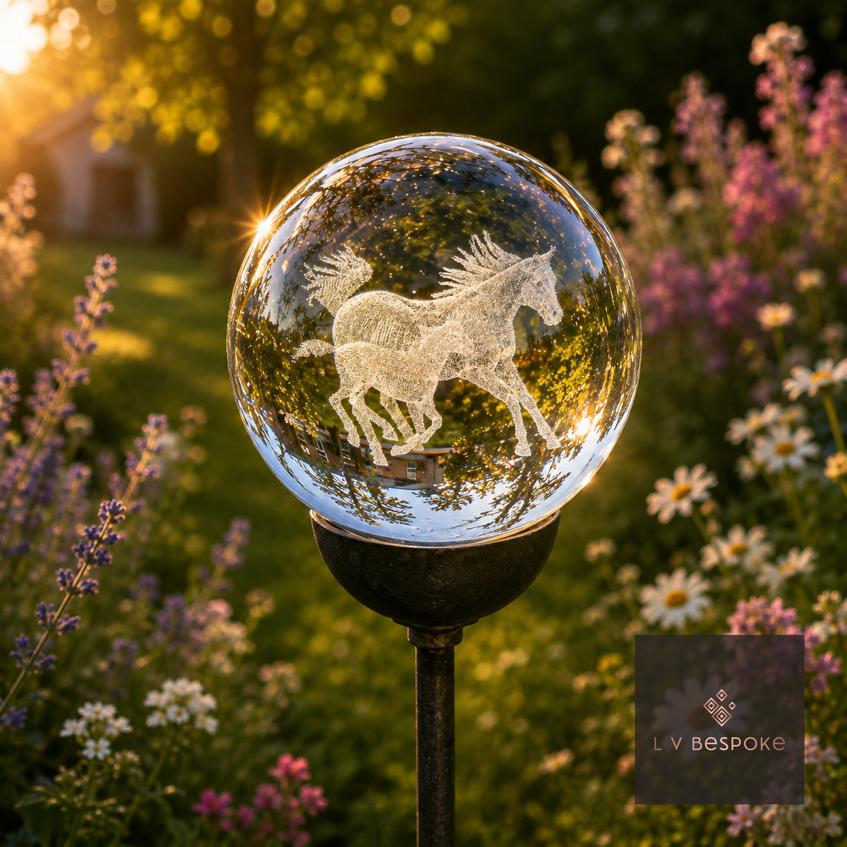 3D orb with etched galloping horses in a flower border