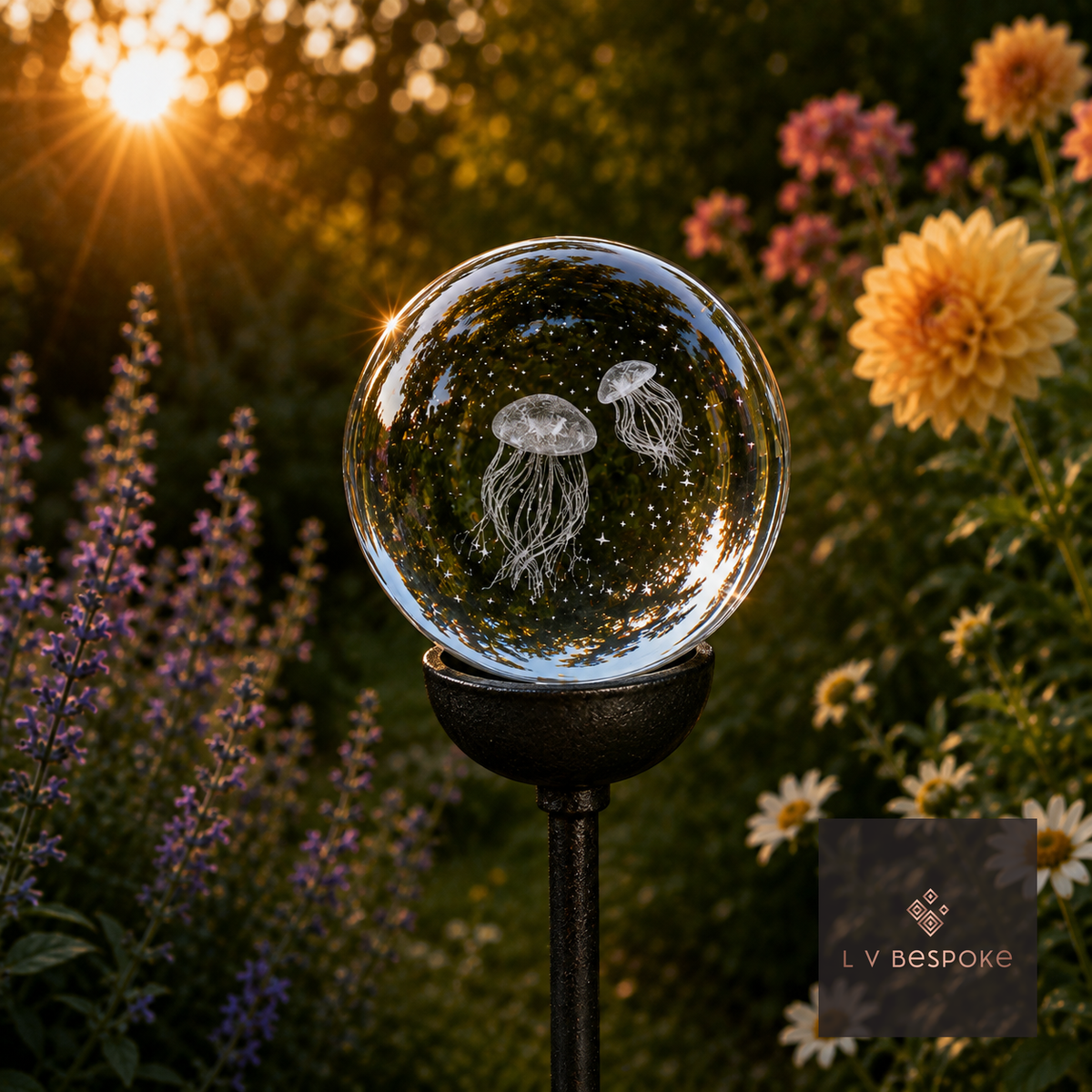 3D orb with etched jellyfish, orange dahlias behind