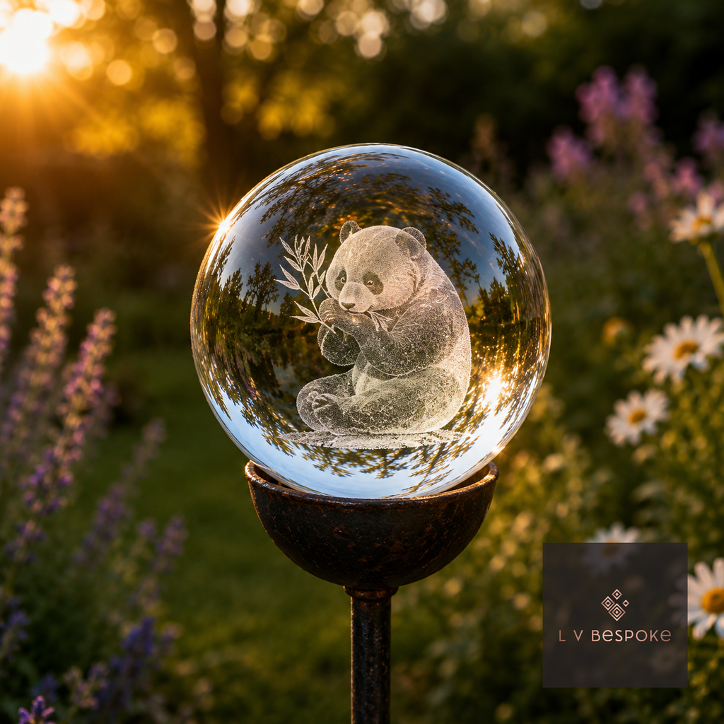 3D orb with an etched panda at dusk in a flower border