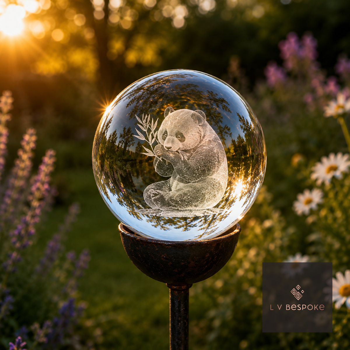 3D orb with an etched panda at dusk in a flower border