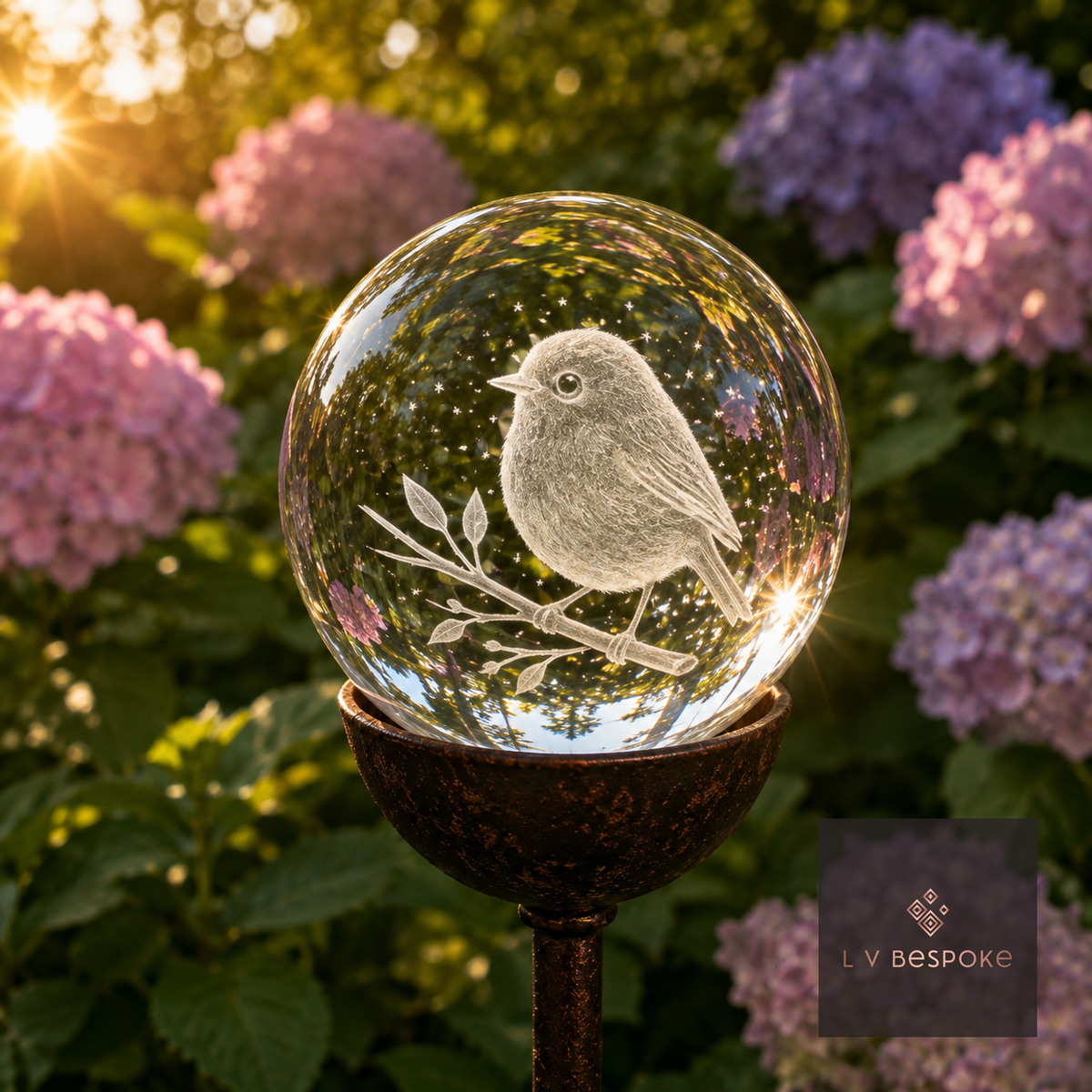 3D orb with an etched robin perched on a twig, hydrangeas behind