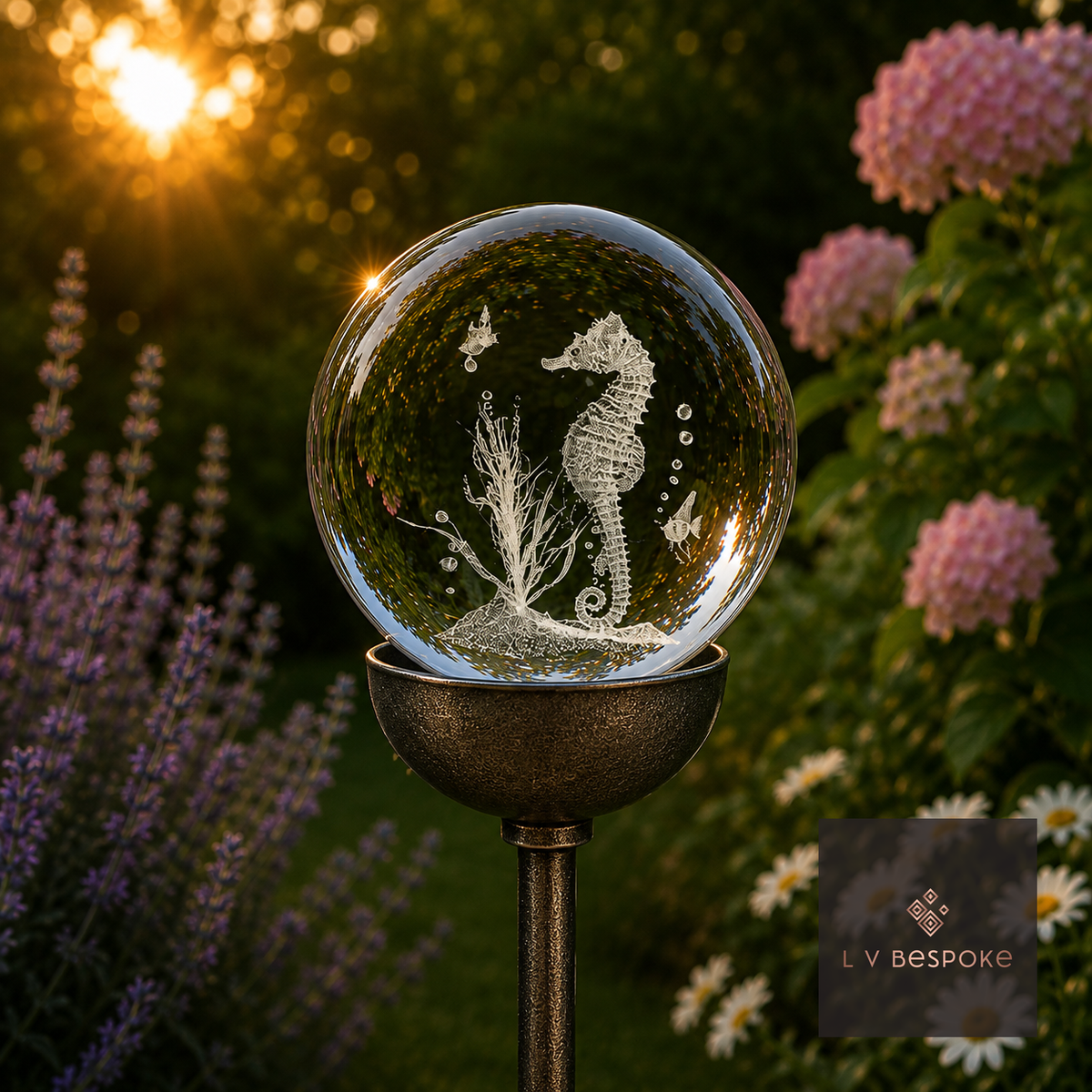 3D orb with an etched seahorse beside pink hydrangeas