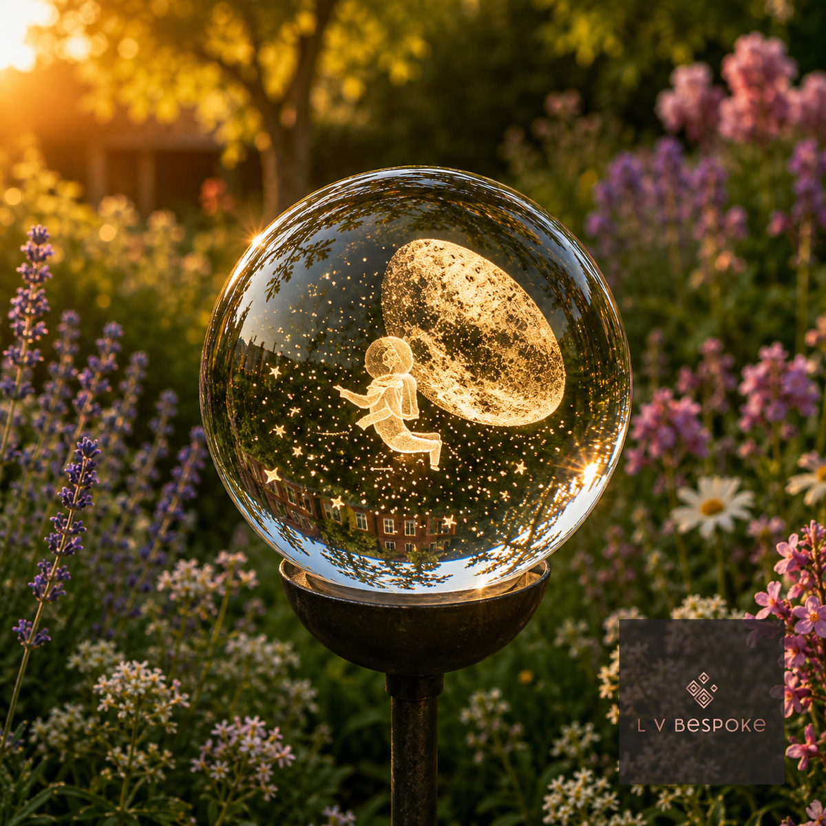 3D orb with an etched astronaut floating in space, garden flowers behind