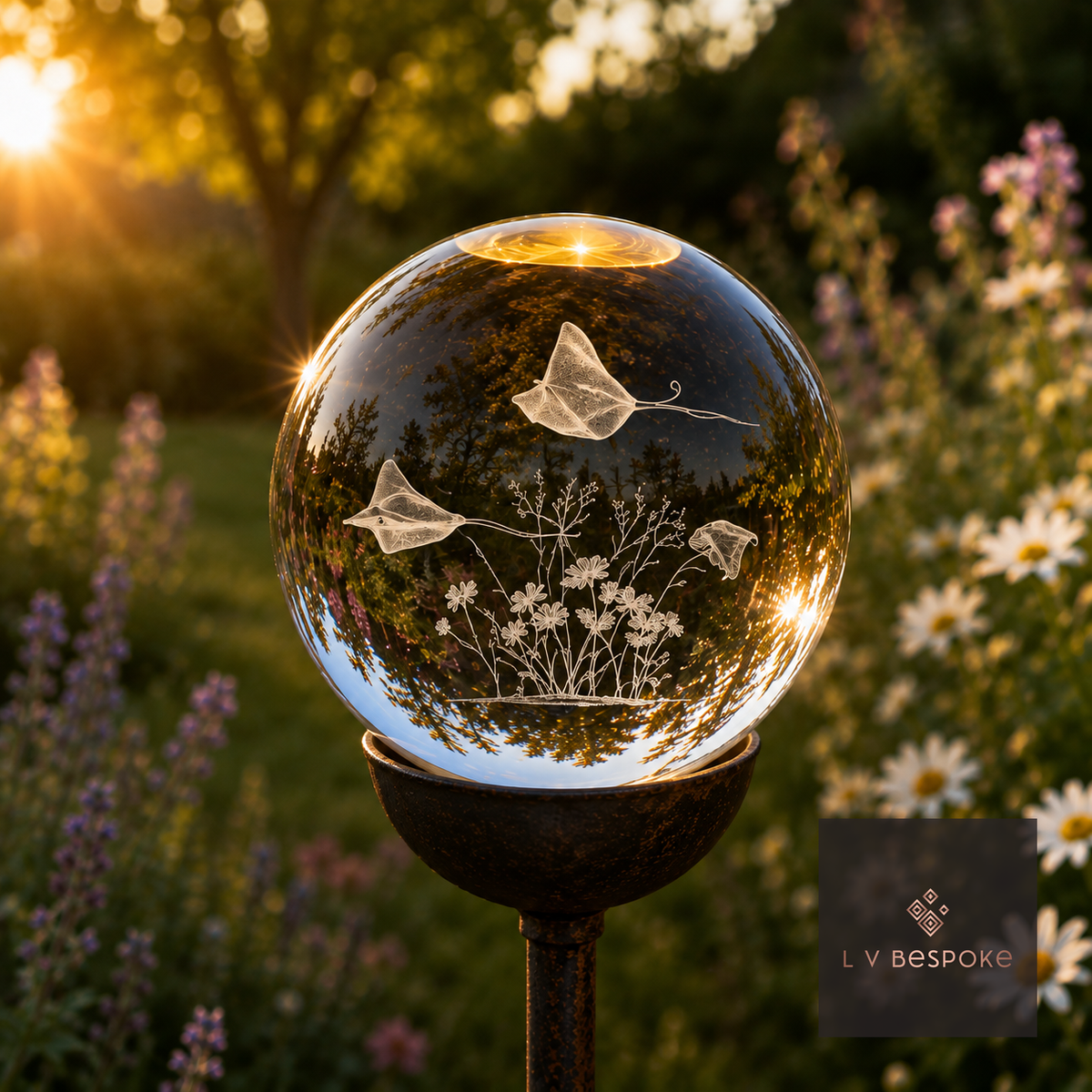 3D orb with etched stingrays swimming over seaweed