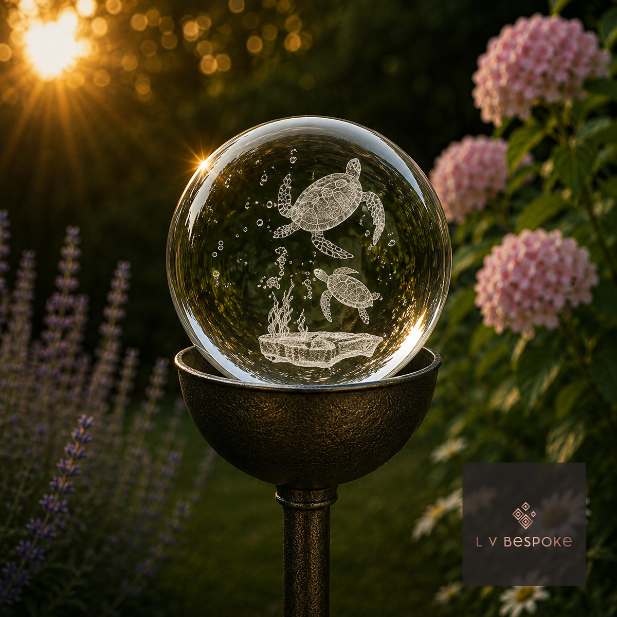3D orb with etched sea turtles swimming among bubbles