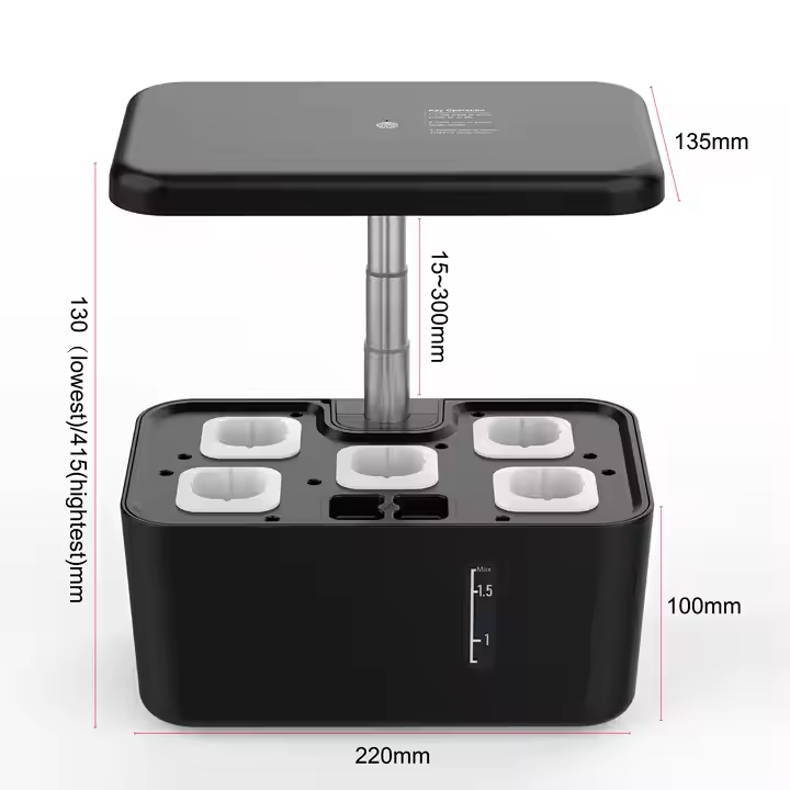 5 pod mini smart garden with dimensions marked – 220mm wide, 100mm base height