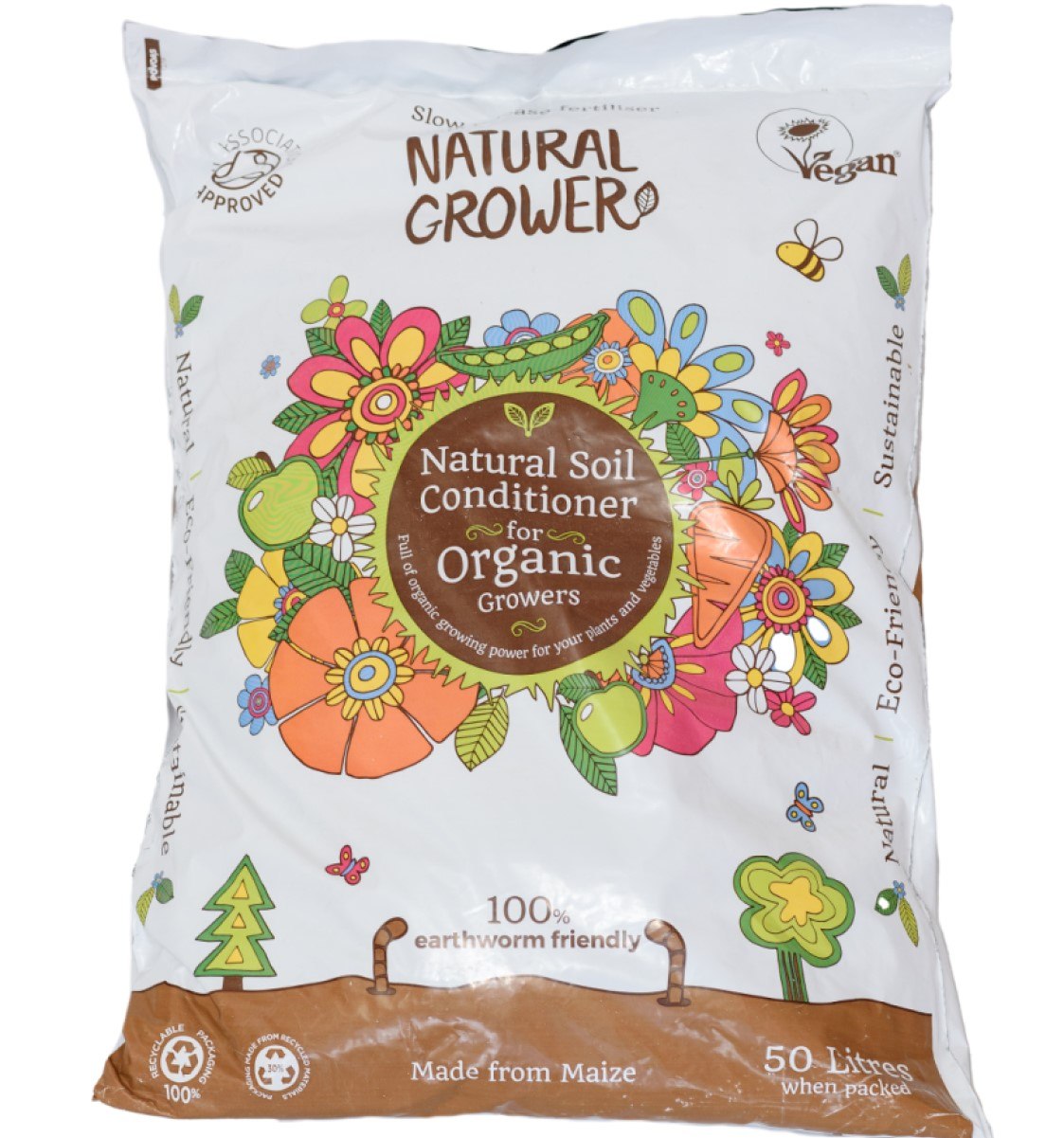 Bag of Natural Grower natural soil conditioner for organic growers with colorful graphics on a white background.