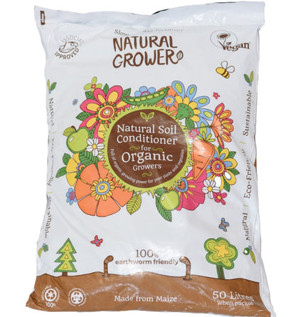 Bag of Natural Grower natural soil conditioner for organic growers with colorful graphics on a white background.
