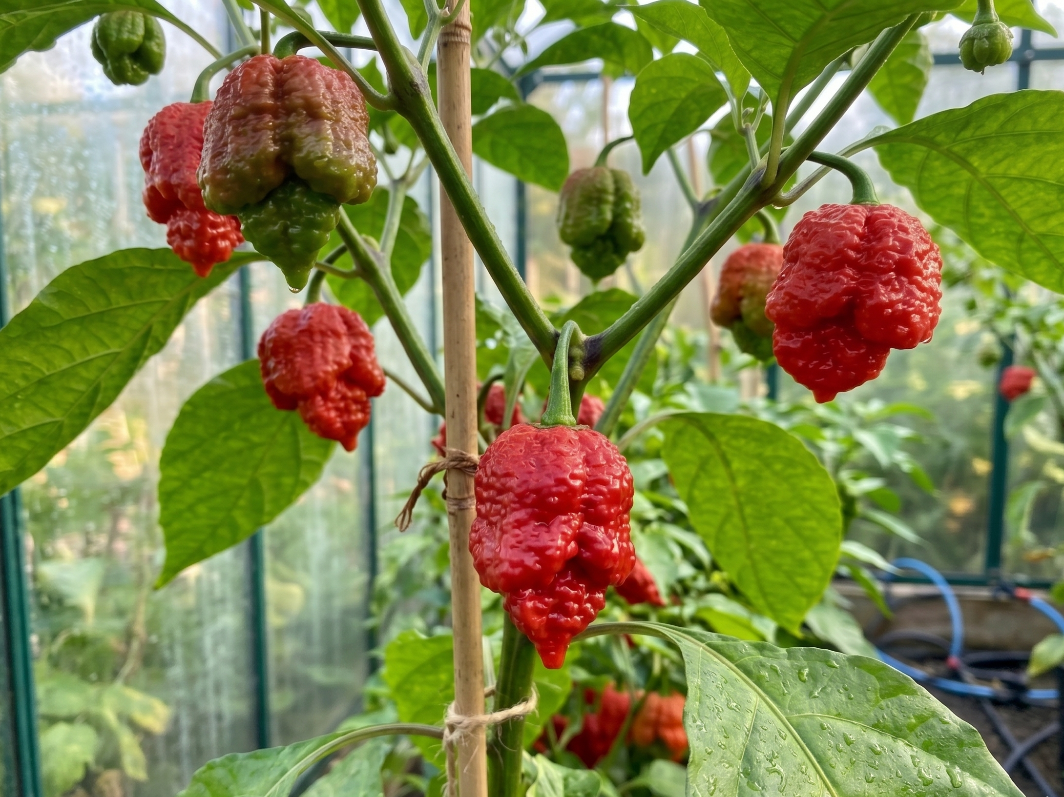 7 Pot Infinity superhot chilli - glossy red wrinkled fruits on the plant