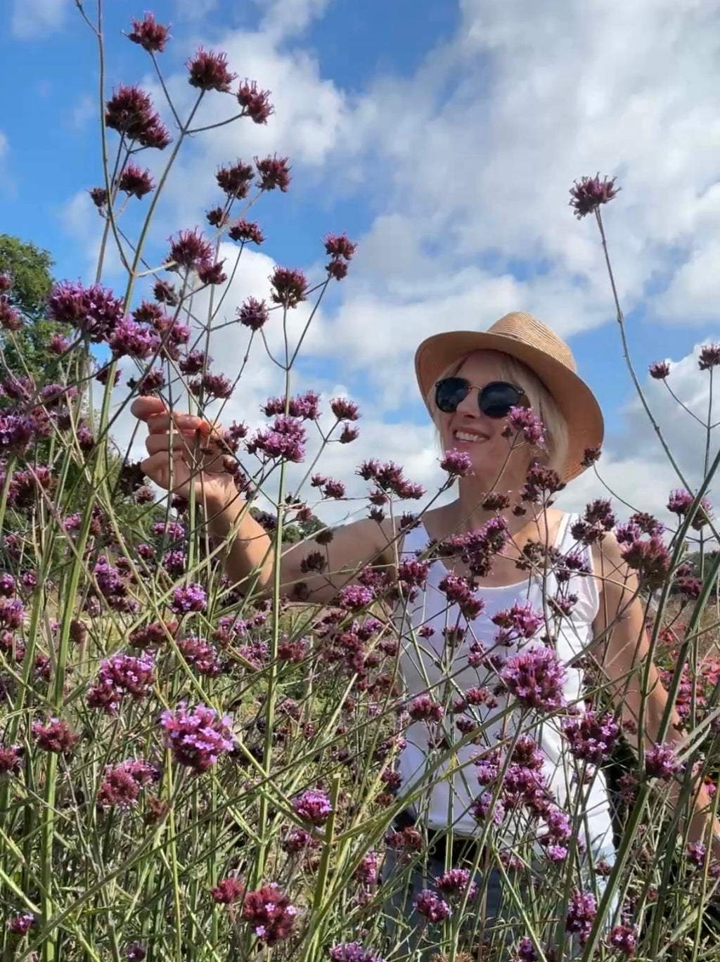 Woman in a straw hat smiling among tall Verbena bonariensis under a blue sky