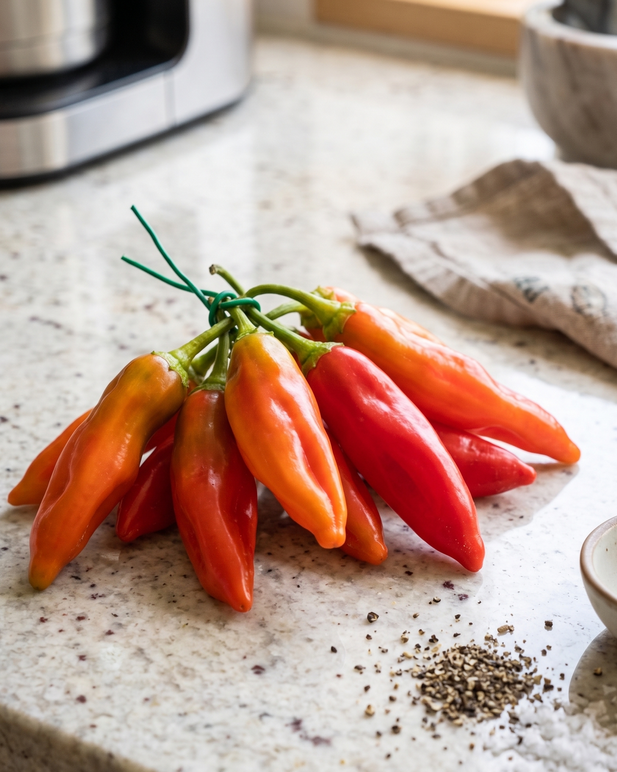 Close-up of plump, juicy Aji Crujiente chilli pods