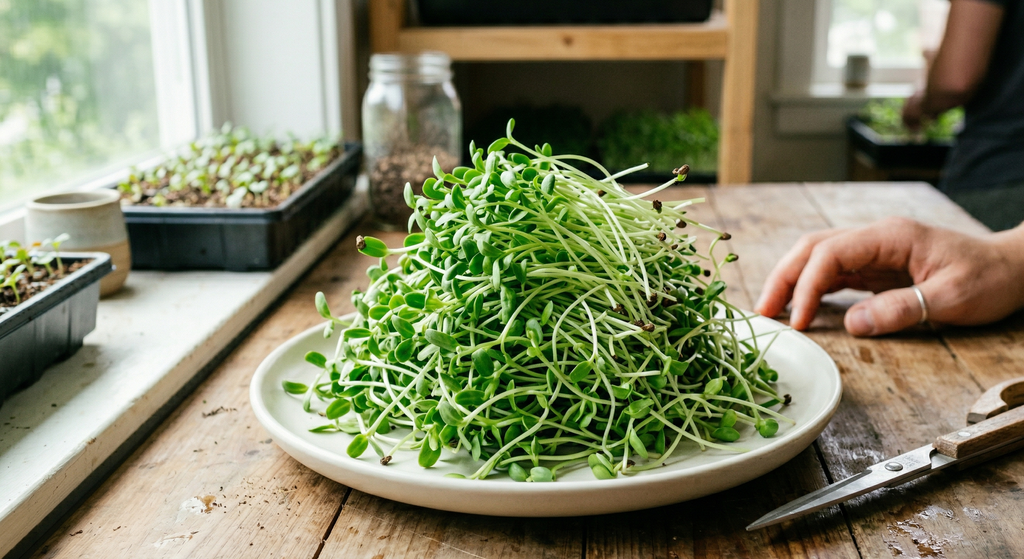 Alfalfa microgreens (Medicago sativa) heaped on a white plate on a wooden table