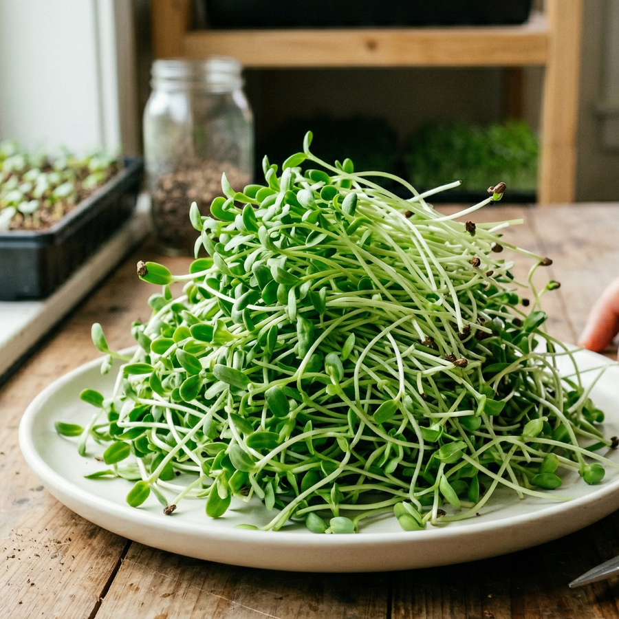 A generous heap of fresh Alfalfa sprouts by Bishy Barnabees Cottage Garden Ltd rests on a white plate atop a wooden table near a window, with trays and scissors close by, ready for trimming.