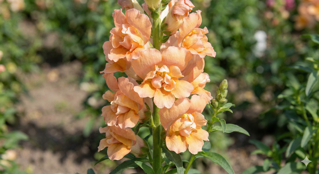 A close-up of Antirrhinum DoubleShot Peach by Bishy Barnabees Cottage Garden Ltd shows peach-hued double snapdragon blooms on green stems, set against softly blurred foliage like nature’s border-radius effect.