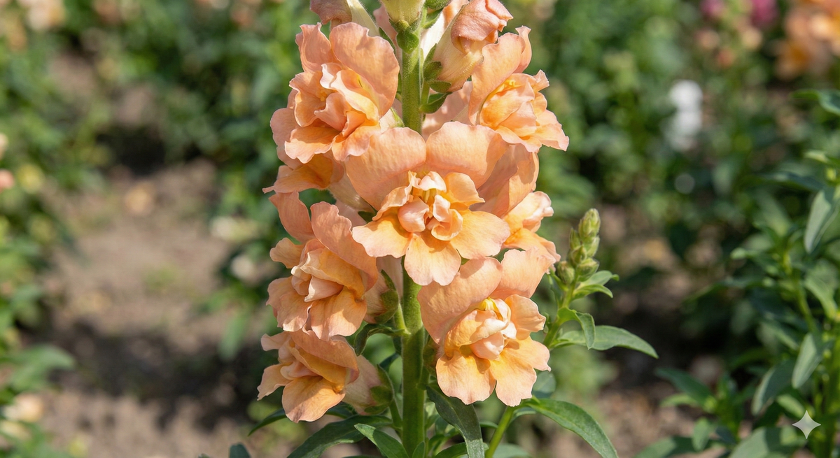 A close-up of Antirrhinum DoubleShot Peach by Bishy Barnabees Cottage Garden Ltd shows peach-hued double snapdragon blooms on green stems, set against softly blurred foliage like nature’s border-radius effect.