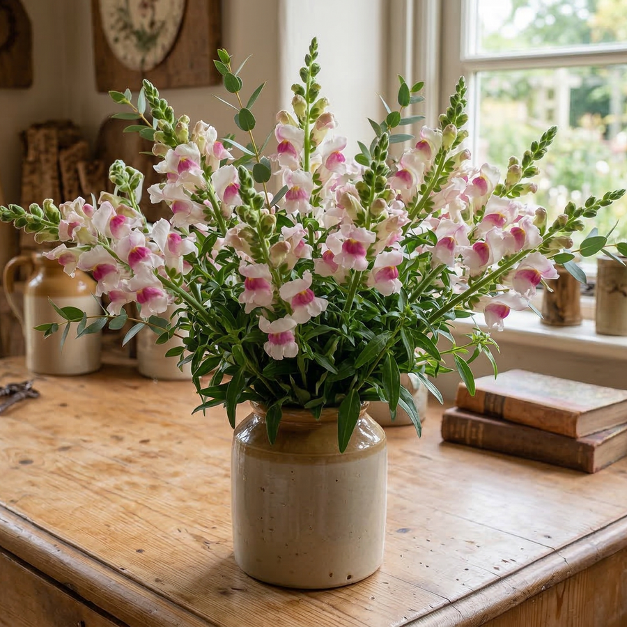 A bouquet of Antirrhinum Lucky Lips by Bishy Barnabees Cottage Garden Ltd in a cream ceramic vase sits on a wooden table near a window, bringing charm to the cozy, sunlit room.