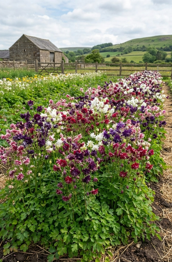 Aquilegia Barlow Mixed from Bishy Barnabees Cottage Garden Ltd brings vibrant purple, white, and pink blooms to rural gardens, creating a colorful backdrop beside wooden fences and stone barns set among rolling green hills.