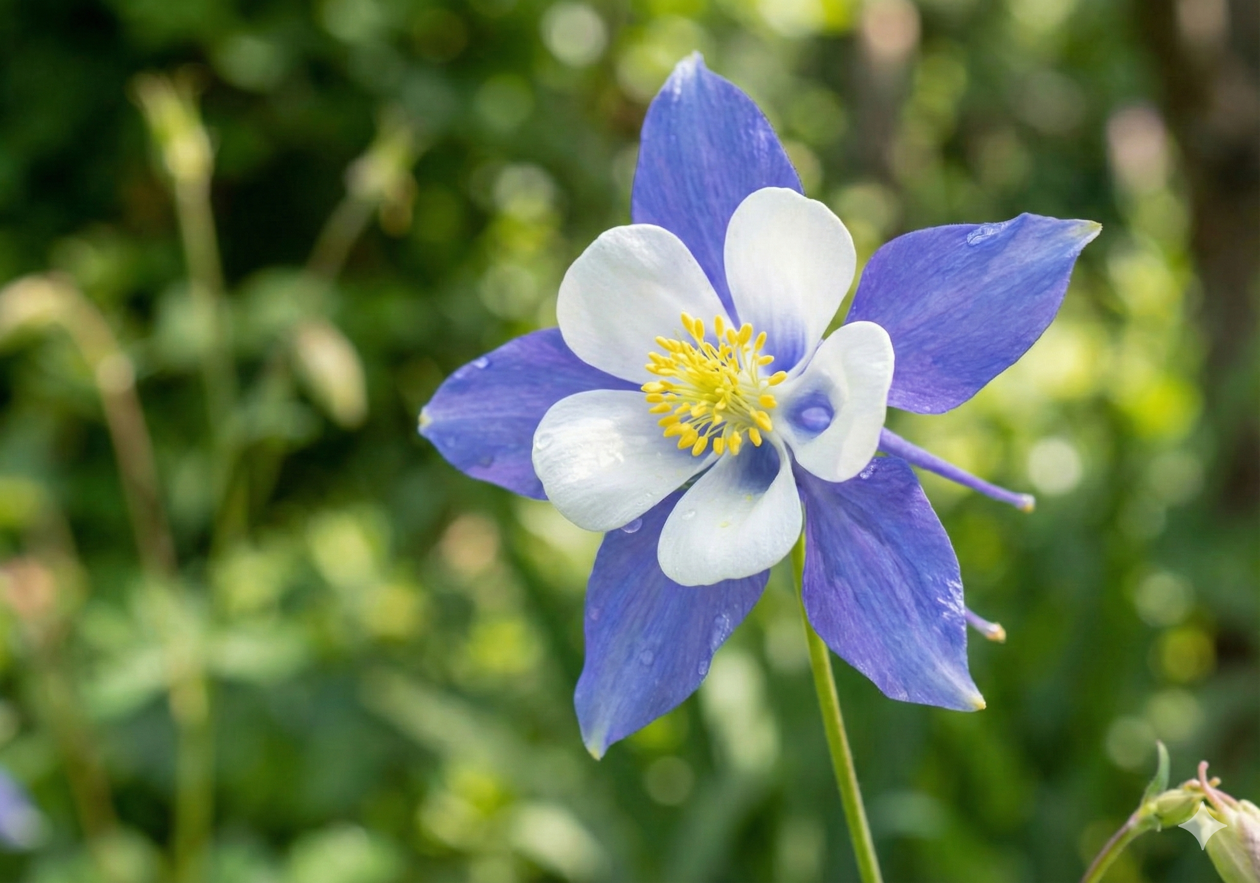 A close-up of Aquilegia Columbine Blue by Bishy Barnabees Cottage Garden Ltd, showing its blue and white petals with yellow stamens against a softly blurred green background.