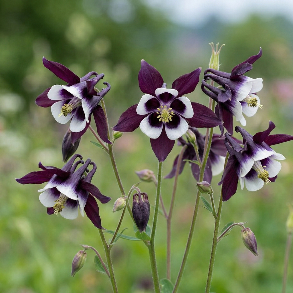 Aquilegia William Guinness (Aquilegia vulgaris) – deep purple and white bicolour flowers