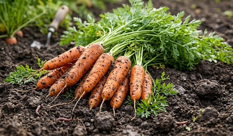Carrot Autumn King 2 by Bishy Barnabees Cottage Garden Ltd, freshly harvested with green tops and soil clinging, rest on dark earth beside a hand cultivator, surrounded by more vibrant carrot tops in the garden.