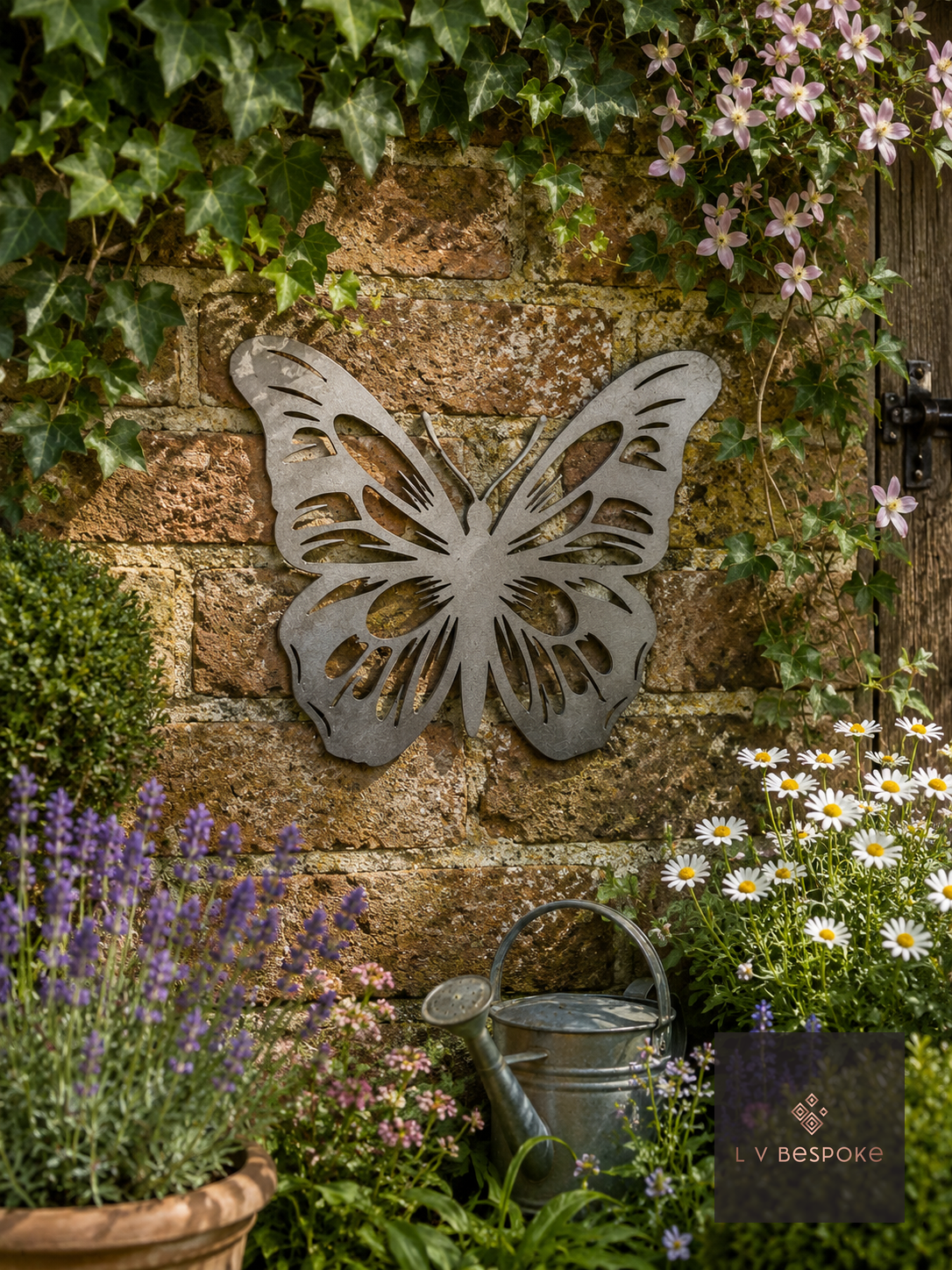 Metal butterfly wall art on a garden wall with ivy and lavender