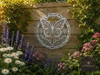 Round metal butterfly wall plaque on a fence behind flowers