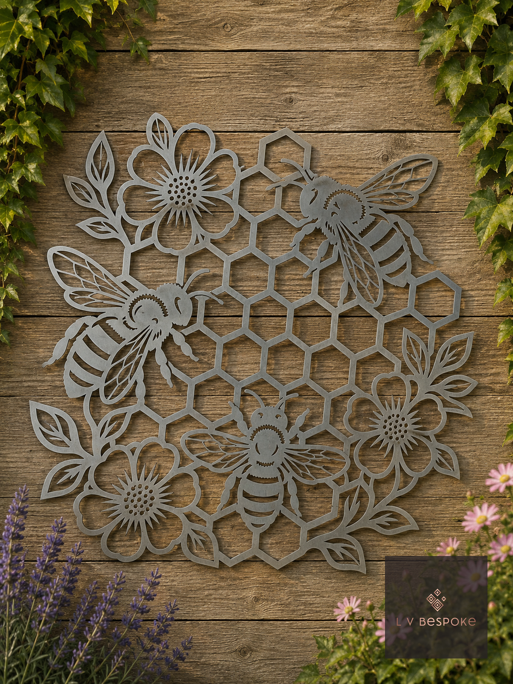 Metal honeycomb wall art with bees and flowers on a wooden fence