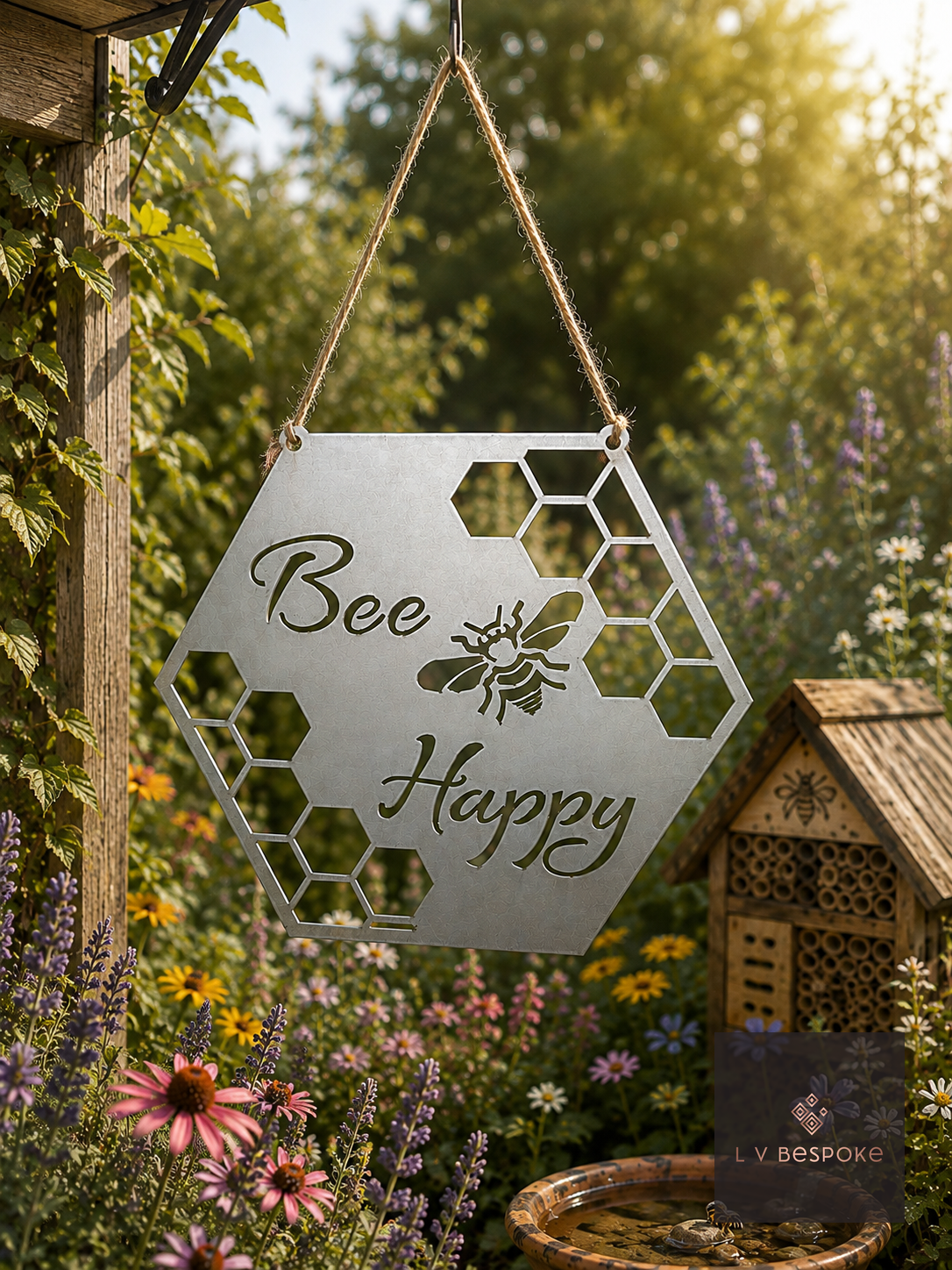 Hanging metal Bee Happy honeycomb sign beside a bug hotel in a garden