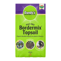A bright green and purple bag labeled “Topsoil Welsh Bordermix®” from Dandy's Topsoil & Landscape Supplies features “Peat Free” and “Organic blended Welsh topsoil for plants & flowers,” plus icons for pots, borders, and raised beds at the bottom.