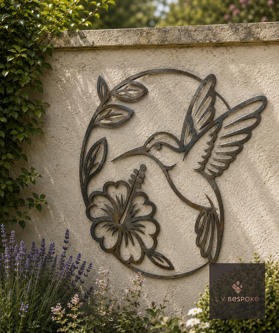 Metal hummingbird and hibiscus wall art on a rendered garden wall