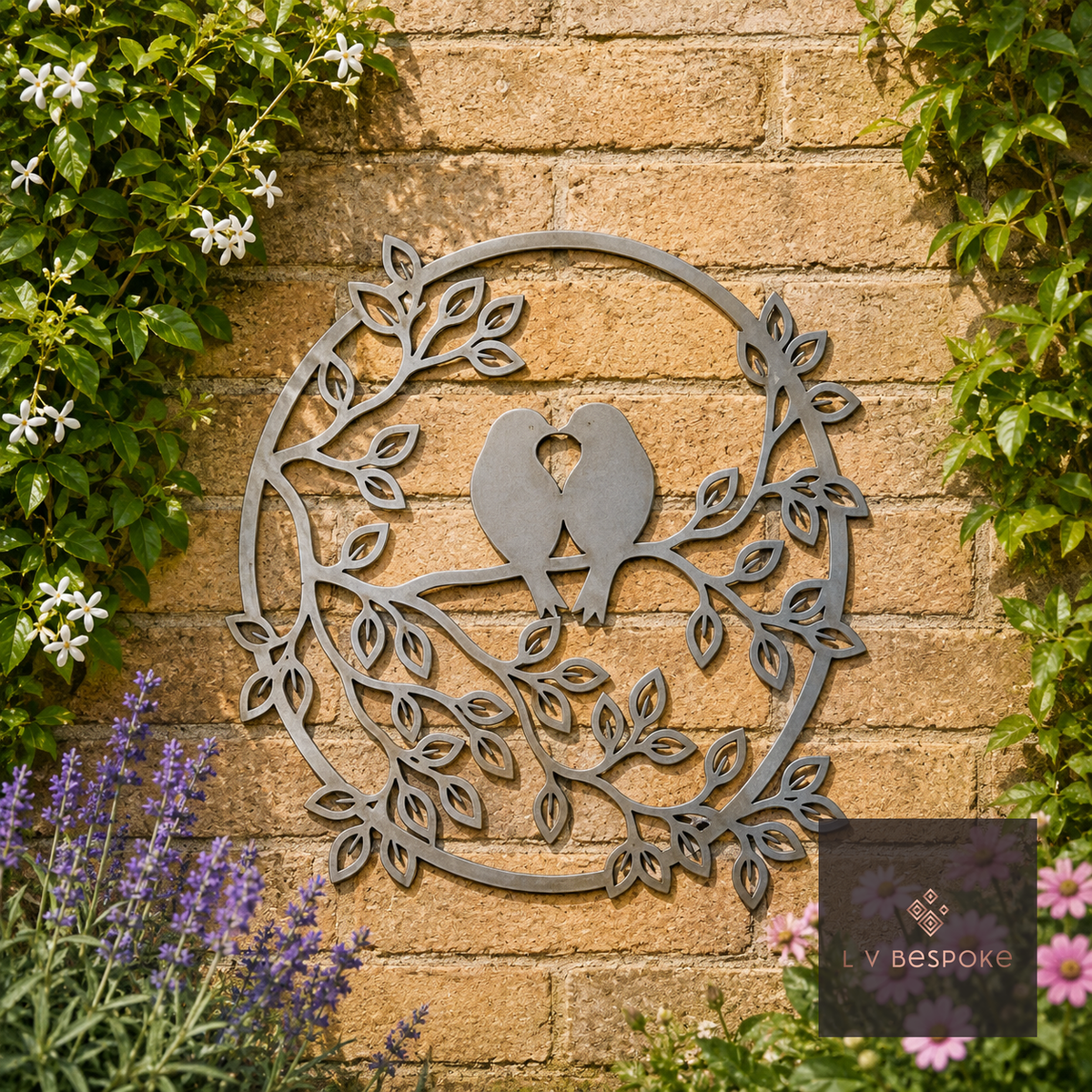 Round metal wall art of a bird and birdhouse in branches on a brick wall