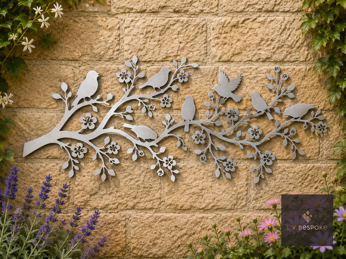 Metal branch wall art with small birds on a stone garden wall
