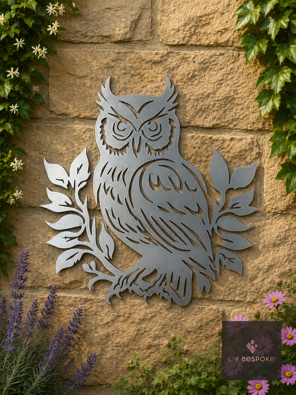 Metal owl on a branch wall art on a stone wall with ivy