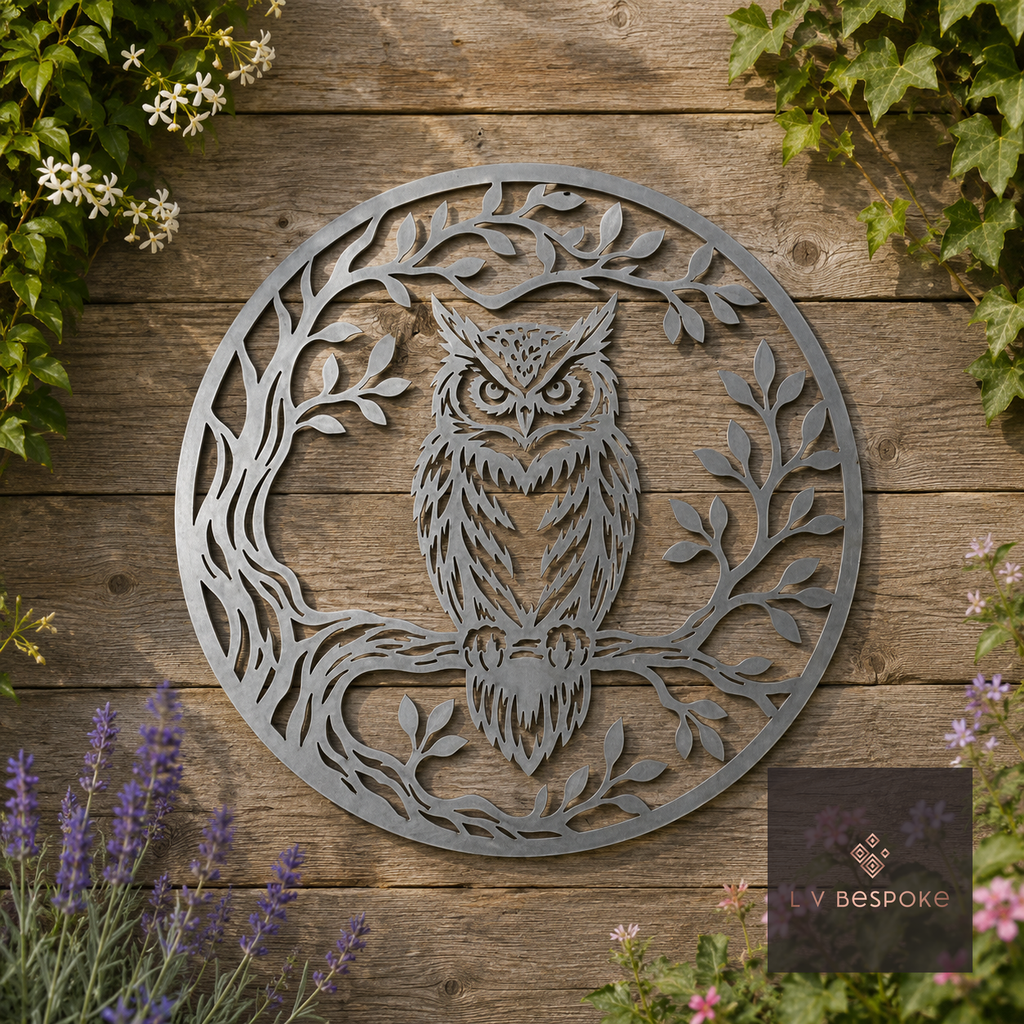 Round metal owl wall art on a wooden fence behind lavender
