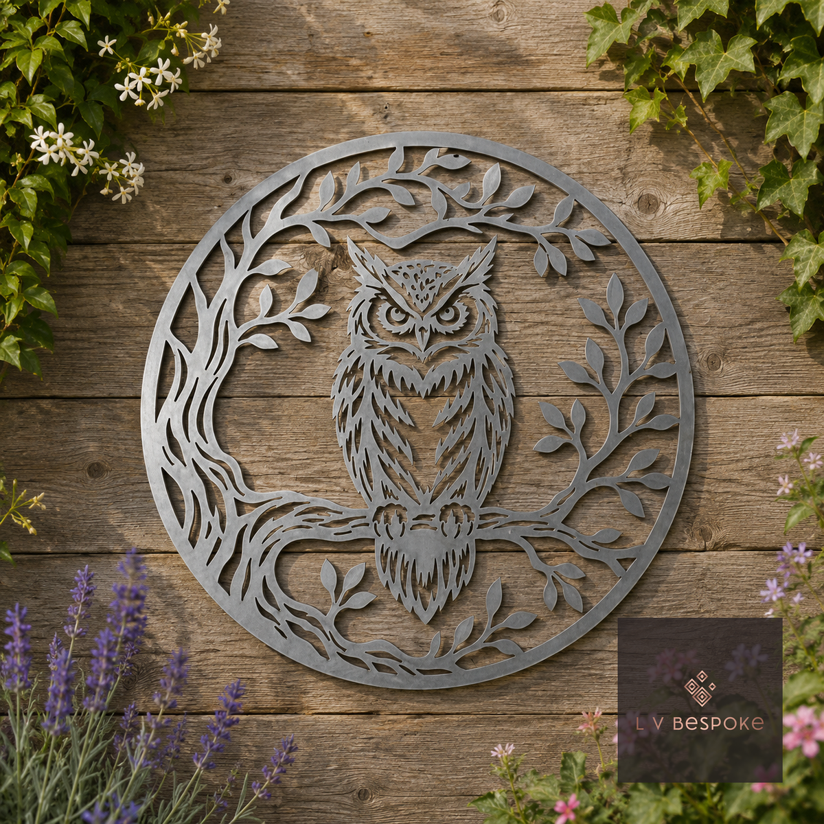 Round metal owl wall art on a wooden fence behind lavender