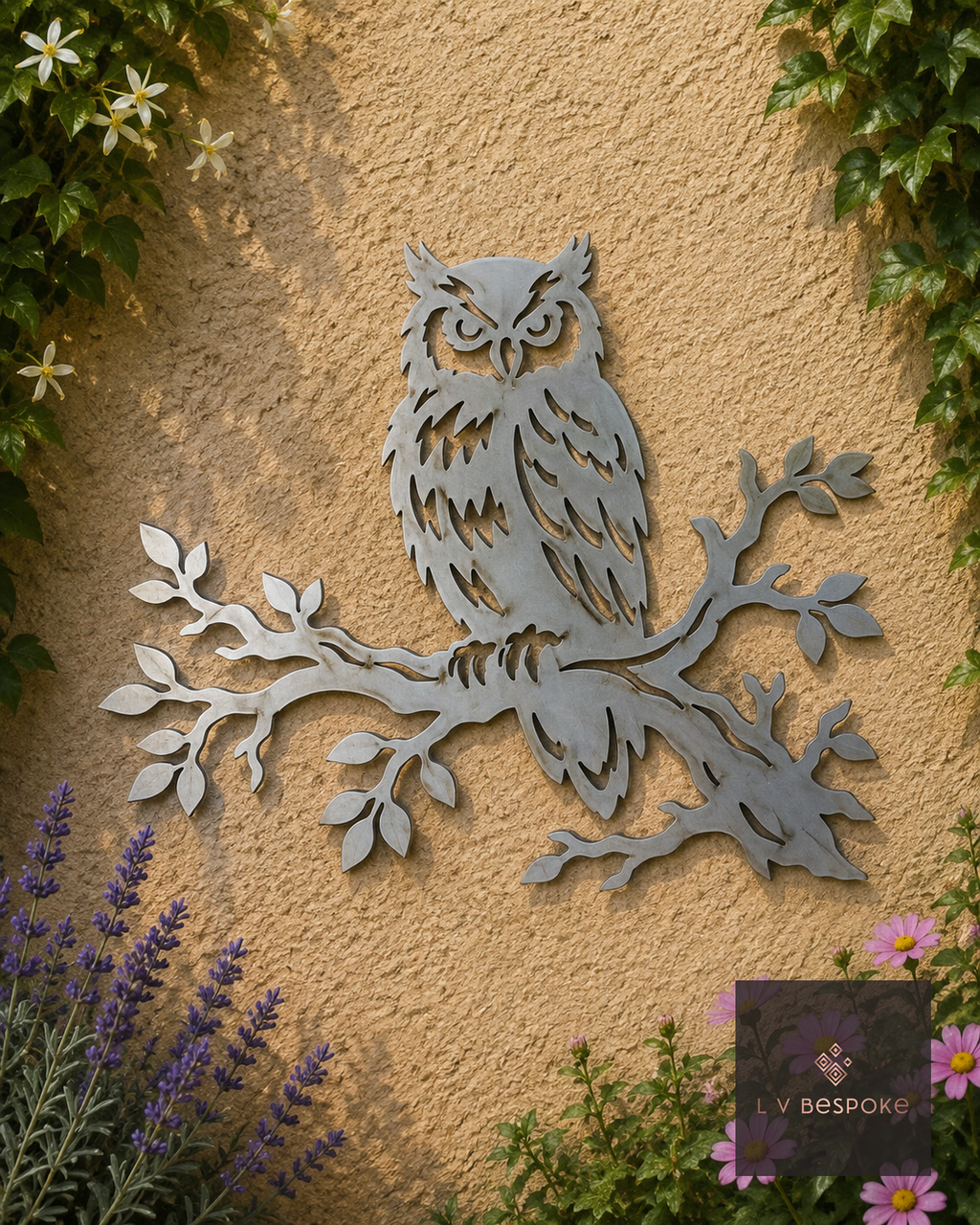 Metal owl perched on a branch wall art on a garden wall