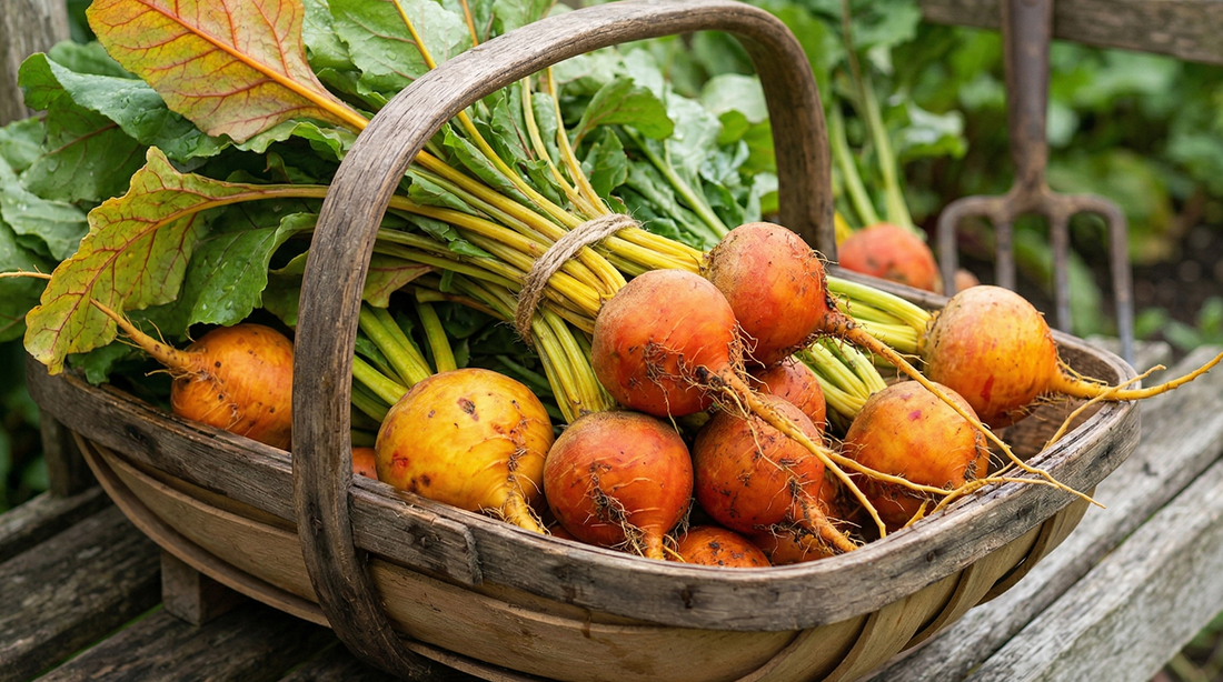 A basket of freshly harvested Beetroot Boldor F1 by Bishy Barnabees Cottage Garden Ltd, with leafy tops, rests on a rustic bench outdoors against an earthy background; a garden tool is visible in the distance.