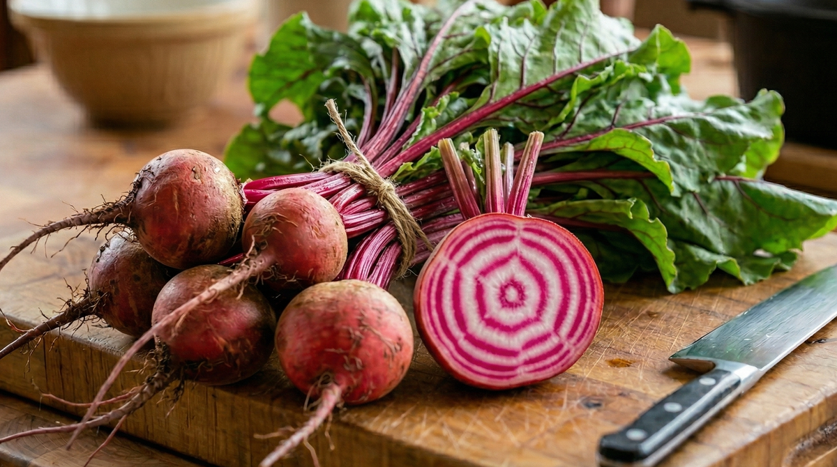 Several Beetroot Chioggia from Bishy Barnabees Cottage Garden Ltd with green leaves rest on a wooden cutting board; one is sliced to show its pink and white rings, with a kitchen knife beside the vegetables against a soft background.