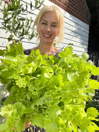 A smiling blonde woman stands outdoors, holding a large bouquet of Bells of Ireland from Bishy Barnabees Cottage Garden Ltd. She wears a dark dress with white polka dots, with a brick building and a white wooden wall in the background.