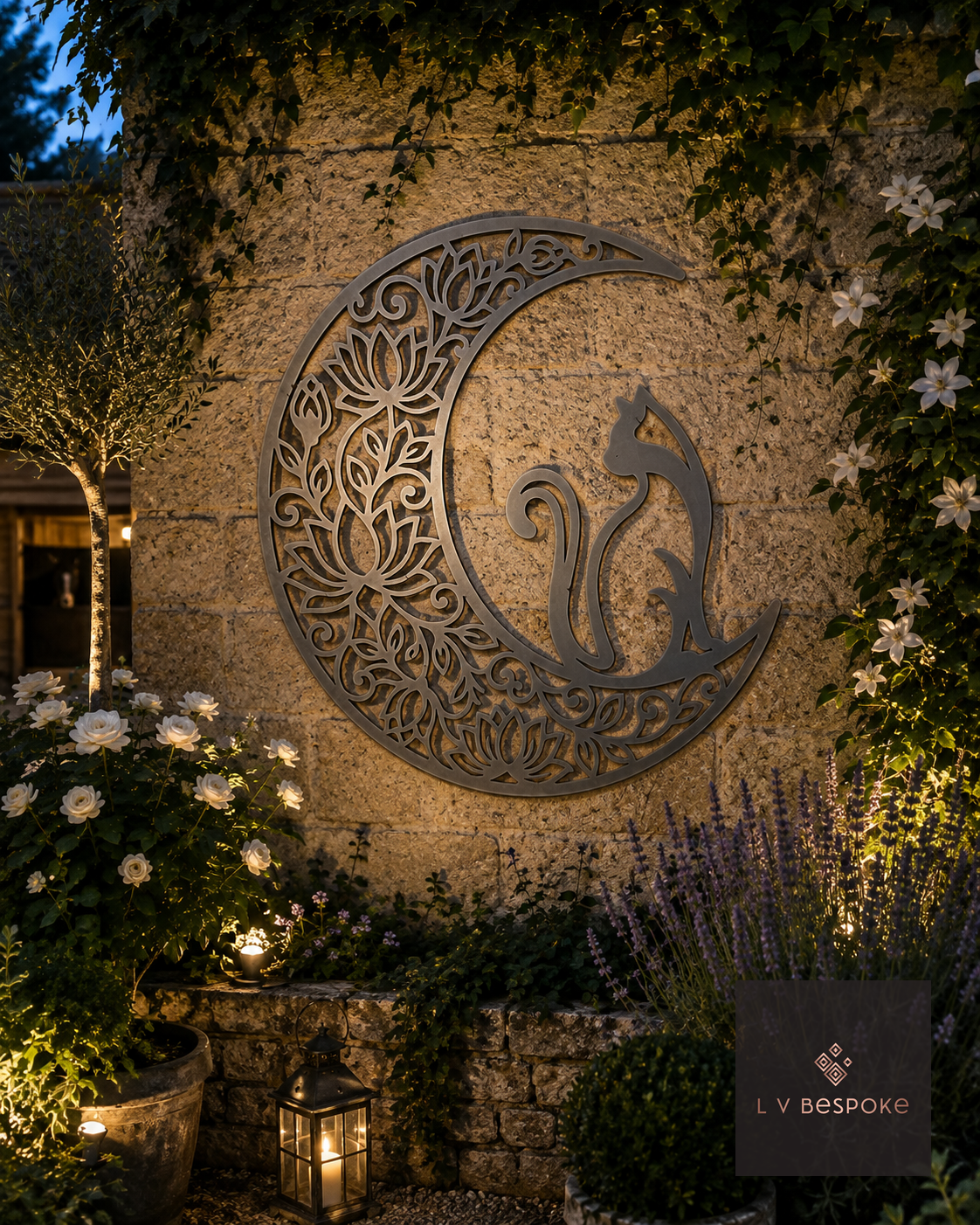 Round metal crescent moon and cats wall art on a garden wall