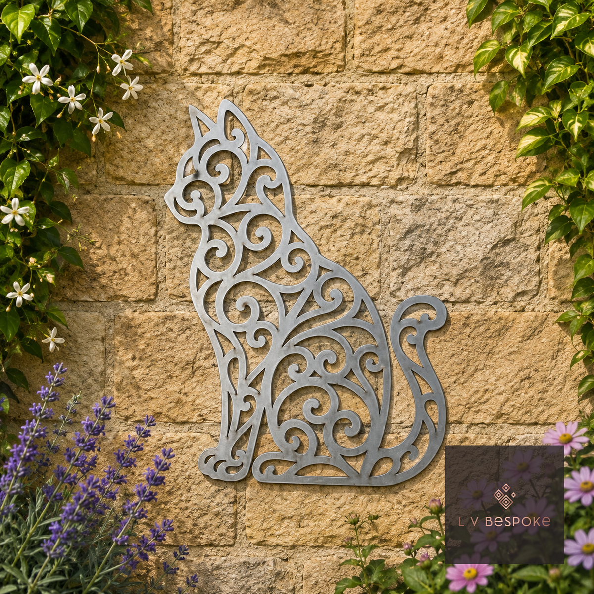 Ornate metal sitting cat wall art on a stone garden wall