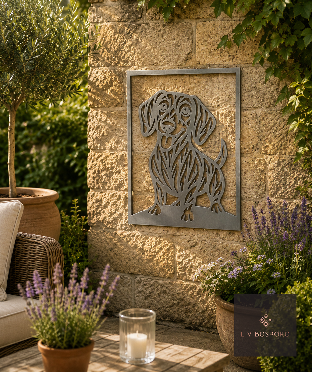 Framed metal dog wall art on a stone wall beside a seating area